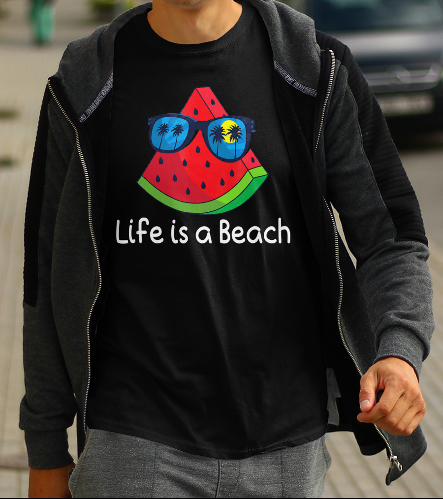 Life Is A Beach Watermelon Sunglasses With Palm Trees And Sunset T-Shirt