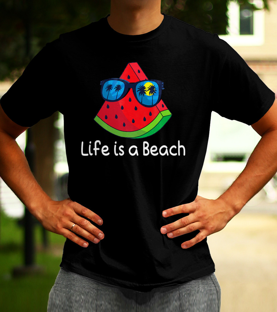 Life Is A Beach Watermelon Sunglasses With Palm Trees And Sunset T-Shirt