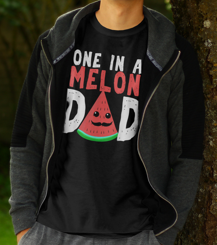 One In A Melon Dad Funny Watermelon Mustache Smiling Block Letters T-Shirt