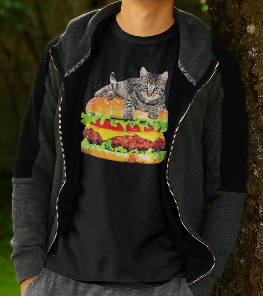 Funny Space Cat On Giant Hamburger T-Shirt