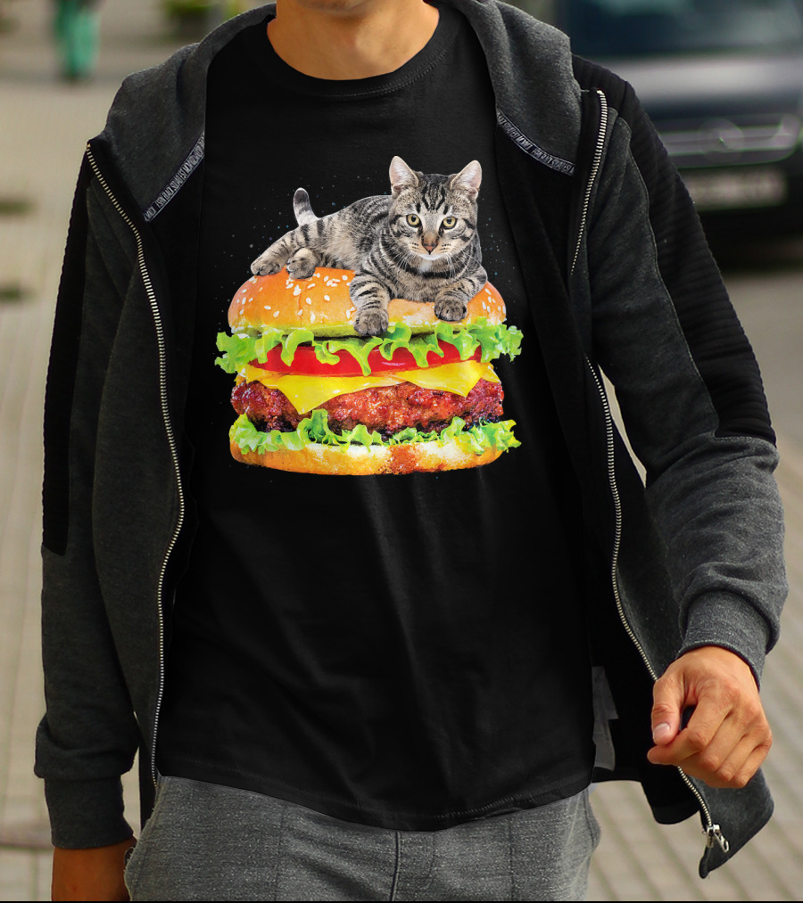 Funny Space Cat On Giant Hamburger T-Shirt