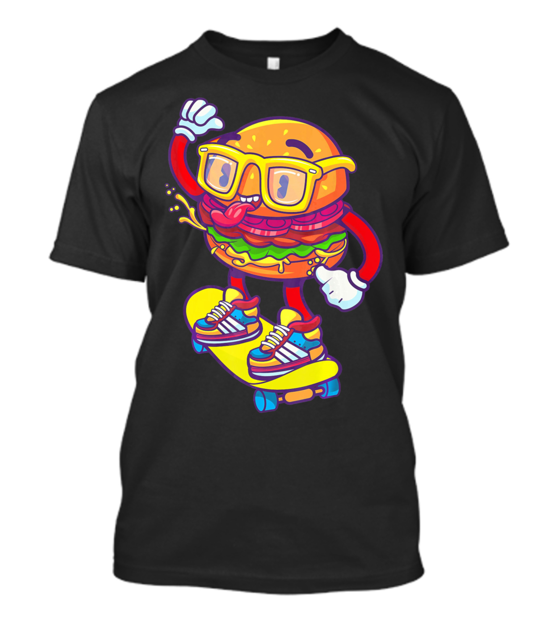 Skateboarding Cheeseburger Cartoon With Glasses And Sneakers T-Shirt