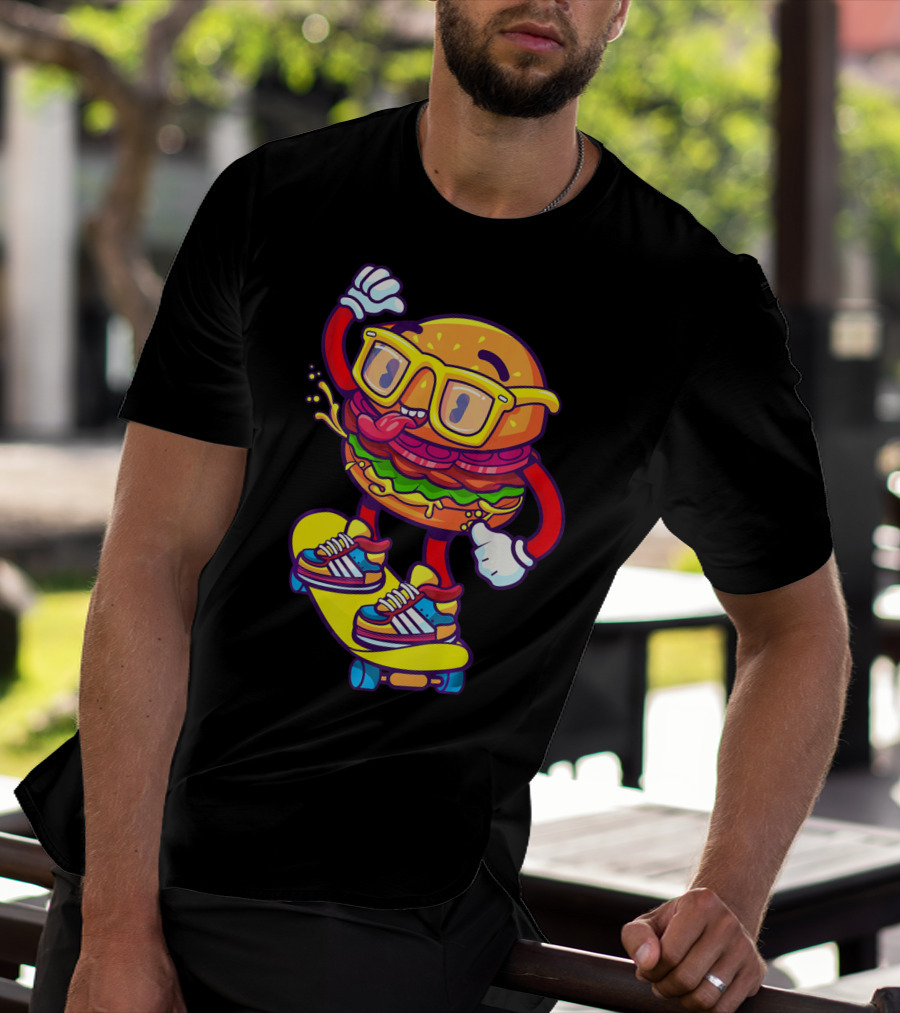 Skateboarding Cheeseburger Cartoon With Glasses And Sneakers T-Shirt