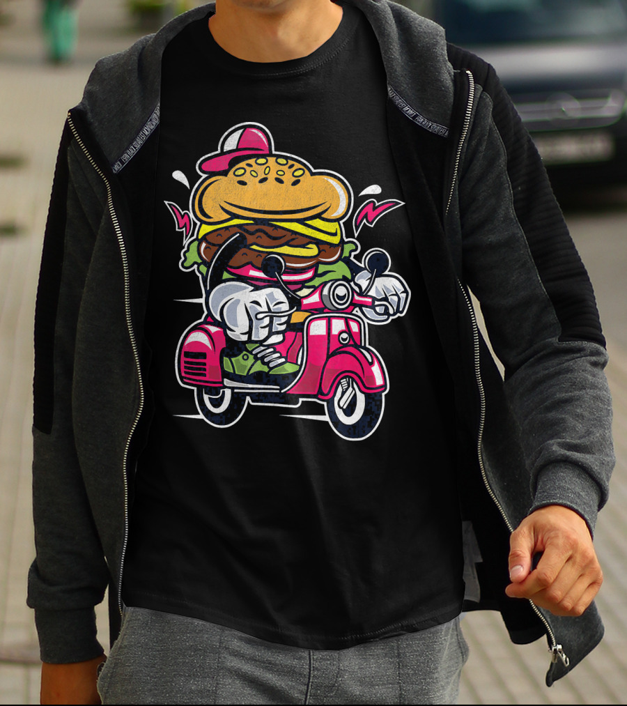 Vintage Scooter Burger Cartoon Rider T-Shirt