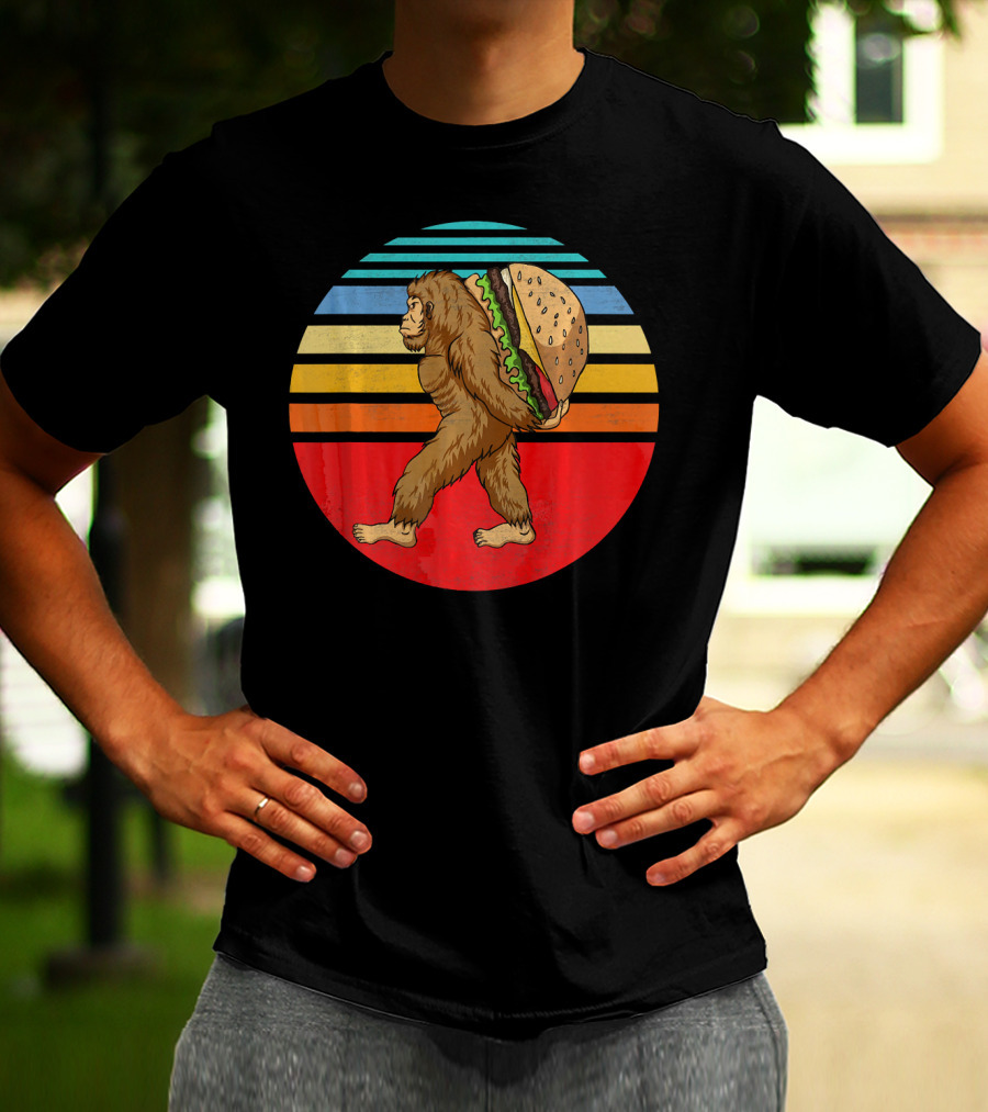Vintage Bigfoot Carrying Hamburger Retro Stripes T-Shirt