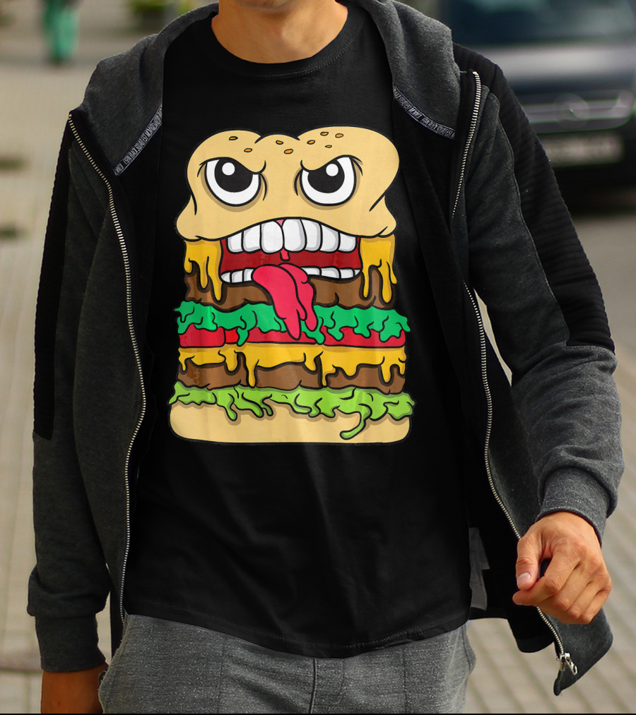 Burger Hamburger Cheeseburger Face With Tongue Out Lettuce And Cheese Layers T-Shirt