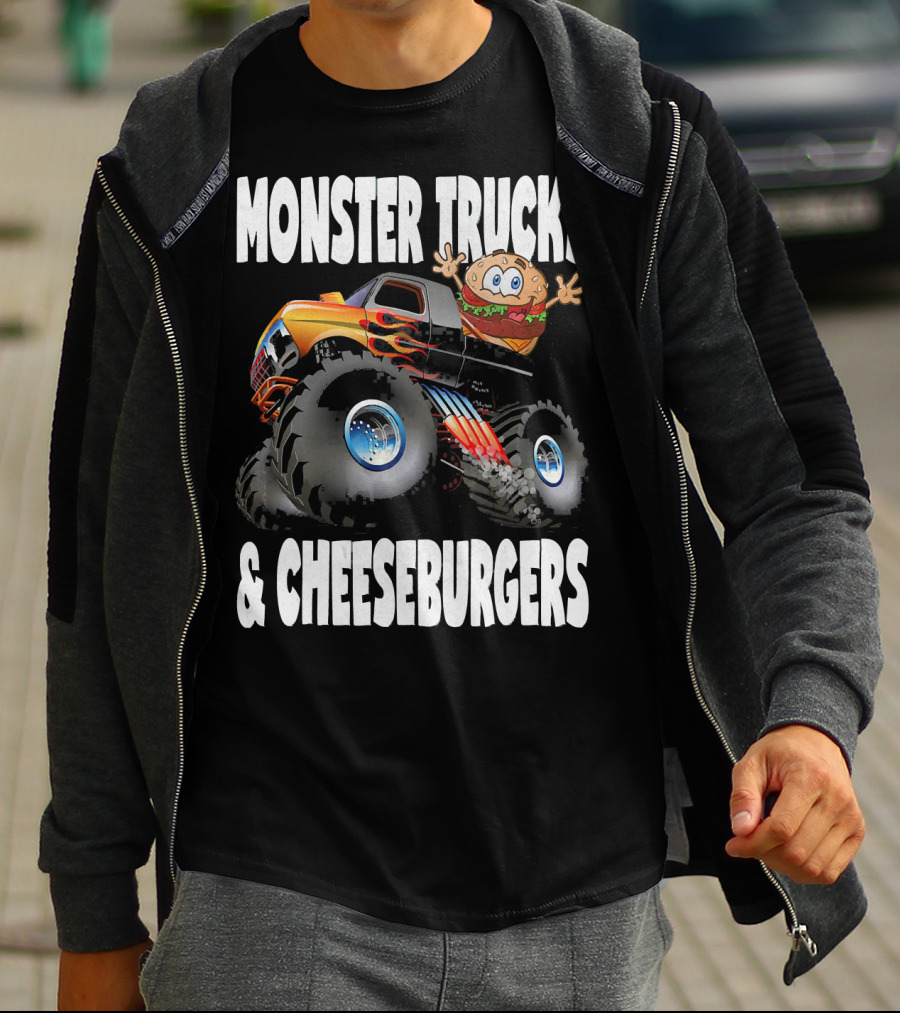 Monster Trucks And Cheeseburgers With Cartoon Cheeseburger Driver T-Shirt