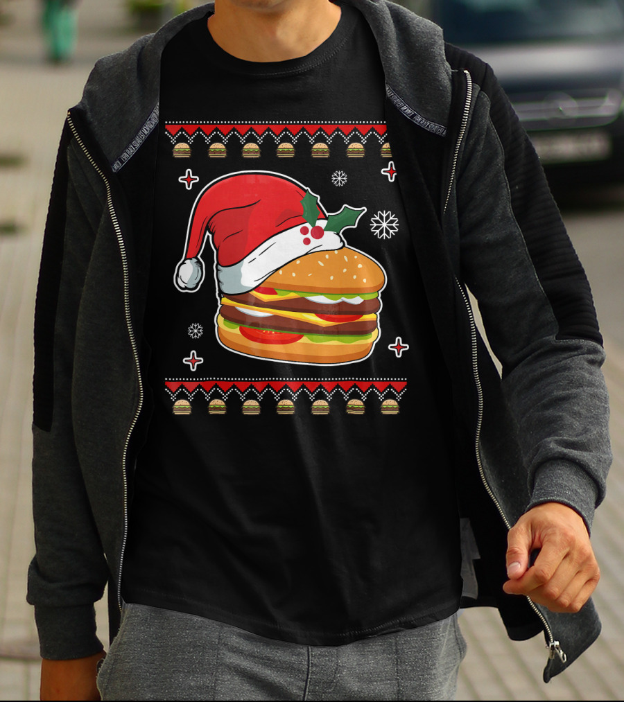 Santa Hat Hamburger Christmas Ugly T-Shirt