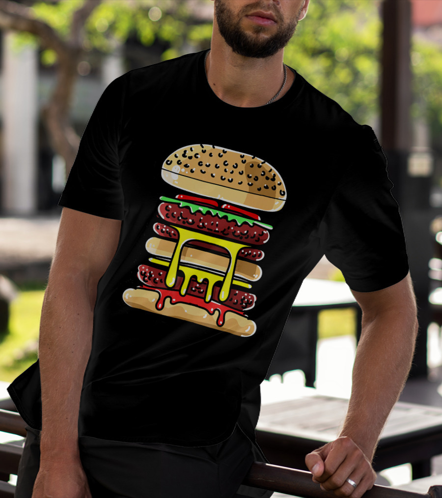 Hamburger Cheeseburger Layered Dripping Fast Food Comic T-Shirt