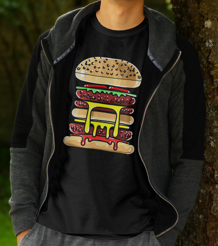 Hamburger Cheeseburger Layered Dripping Fast Food Comic T-Shirt