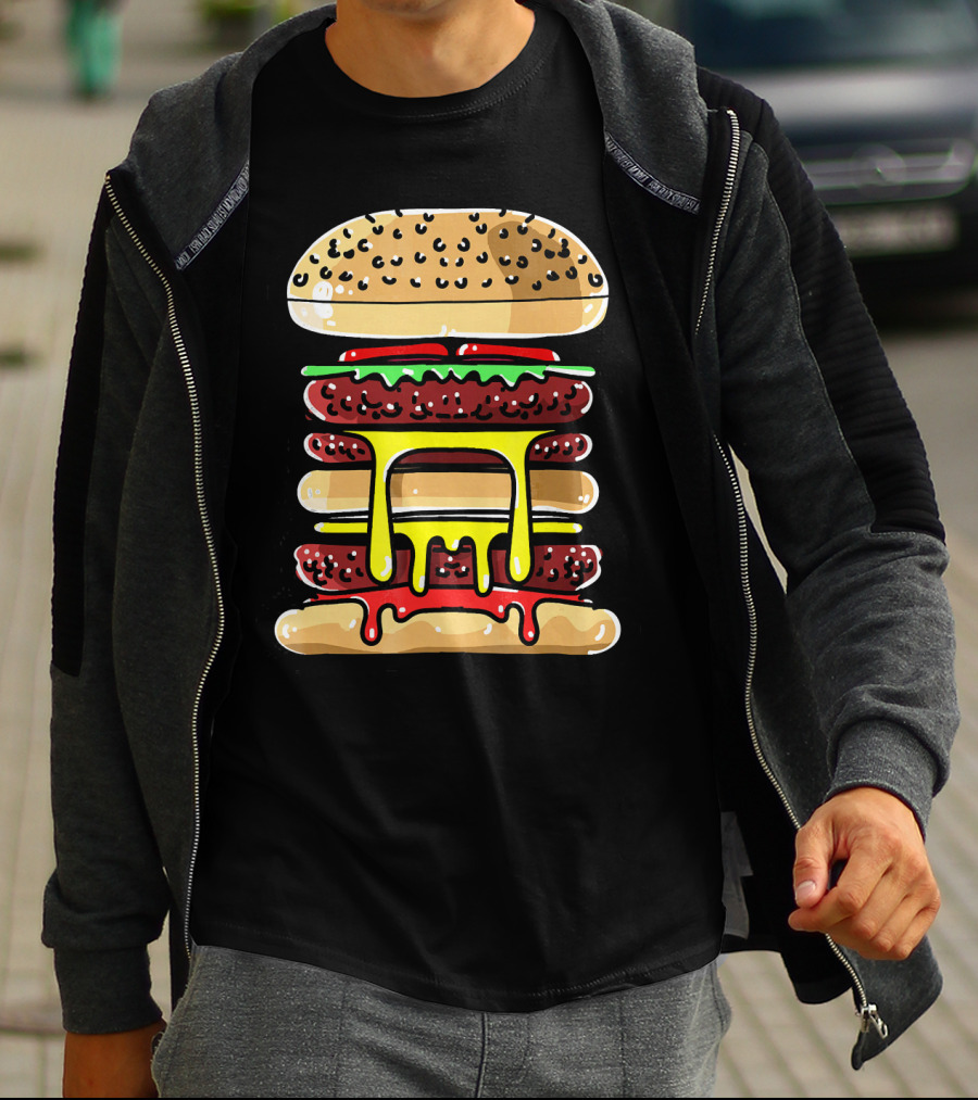 Hamburger Cheeseburger Layered Dripping Fast Food Comic T-Shirt