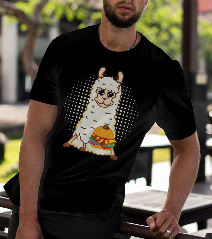 Llama Surprise Funny Sitting With Giant Burger T-Shirt