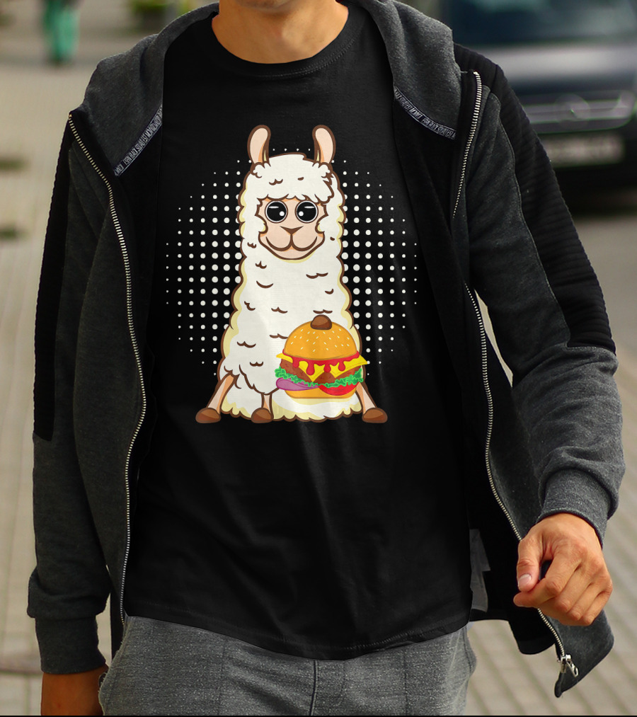 Llama Surprise Funny Sitting With Giant Burger T-Shirt