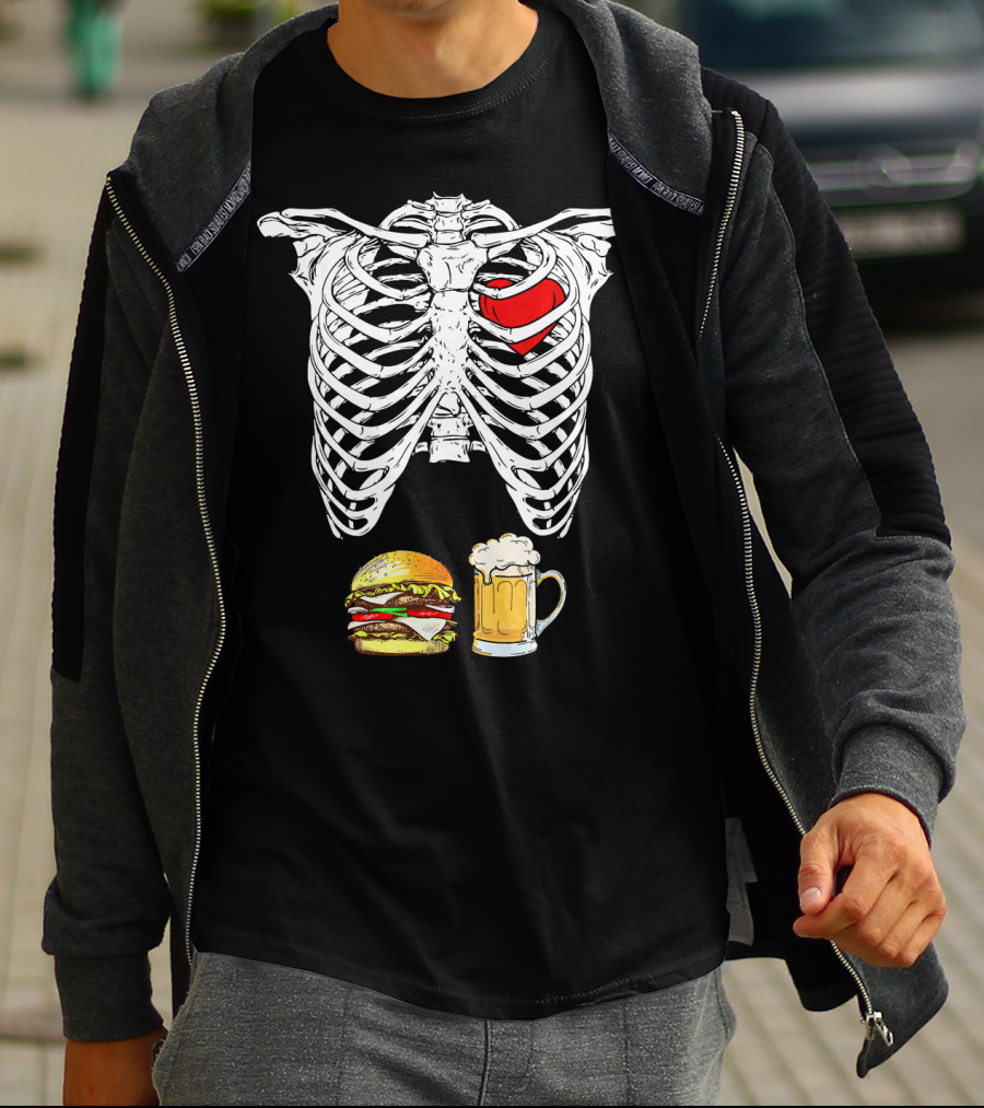Ribcage Xray Skeleton With Heart Burger And Beer T-Shirt