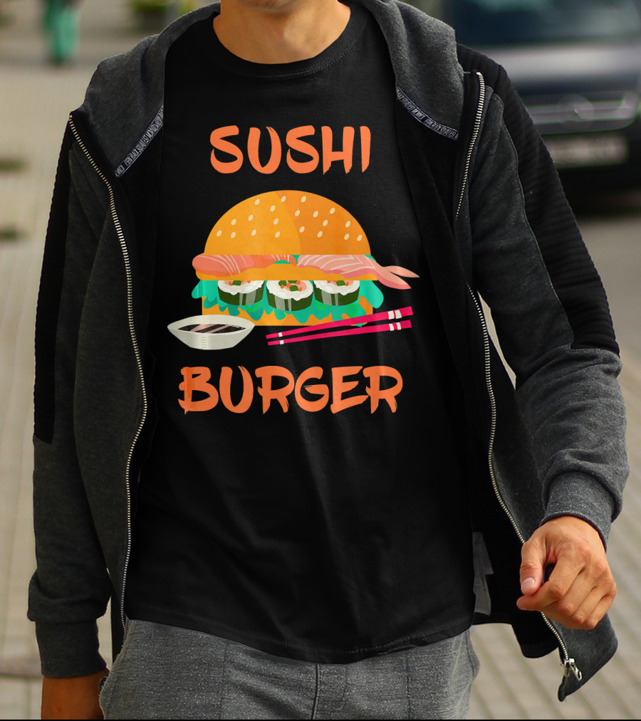 Sushi Burger Japanese Food Hamburger Fusion With Rice Rolls And Chopsticks T-Shirt