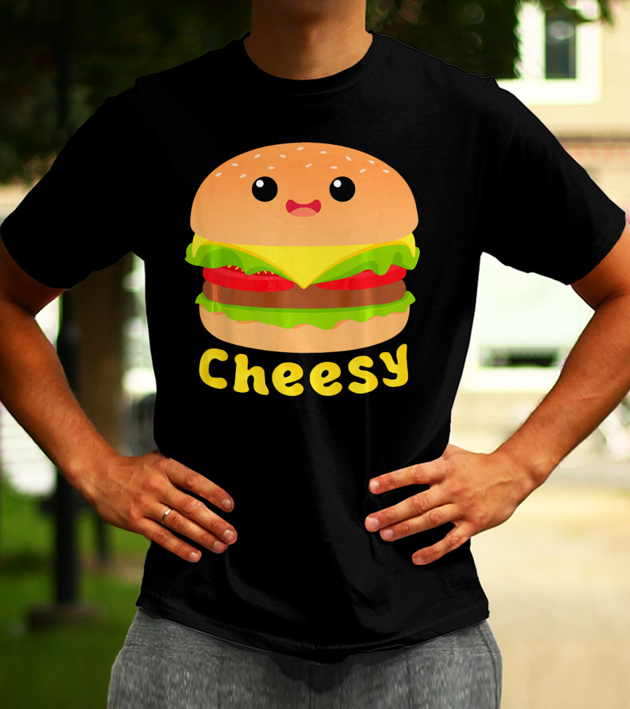 Cheesy Cute Funny Cheese Burger Food Pun Adorable Smiling Burger T-Shirt