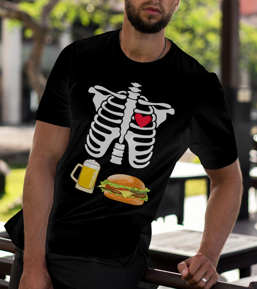 Beer And Burger Heart Ribcage Skeleton T-Shirt