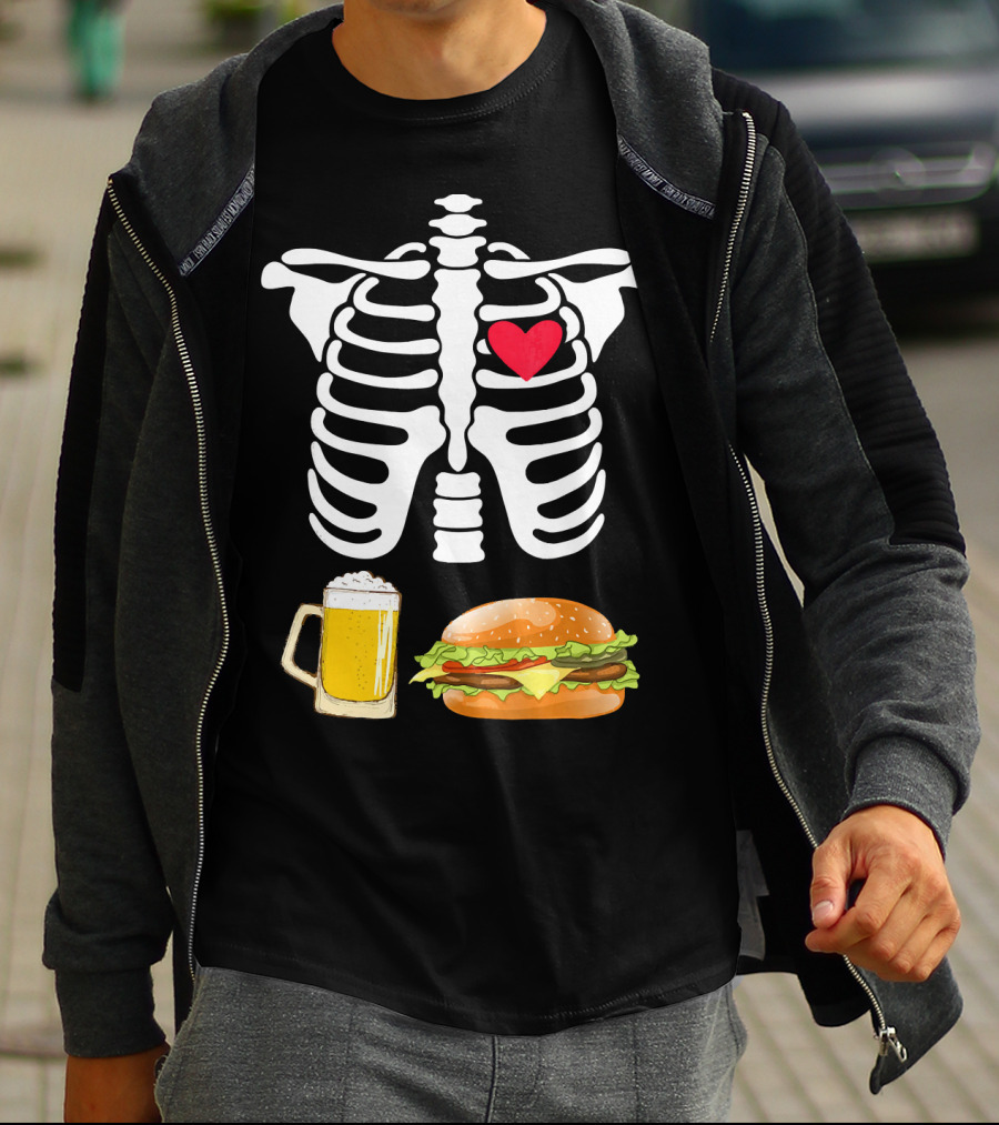 Beer And Burger Heart Ribcage Skeleton T-Shirt