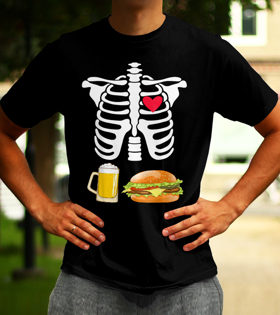 Beer And Burger Heart Ribcage Skeleton T-Shirt