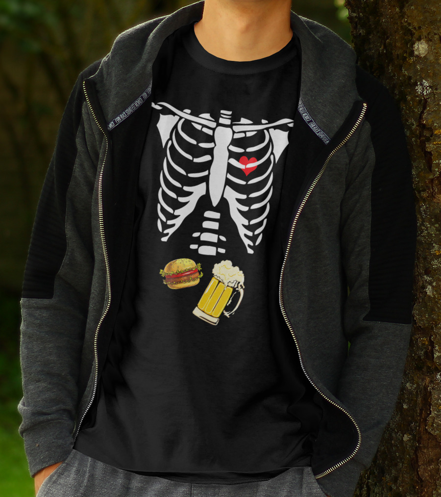 Beer Hamburger Skeleton Ribcage Heart T-Shirt