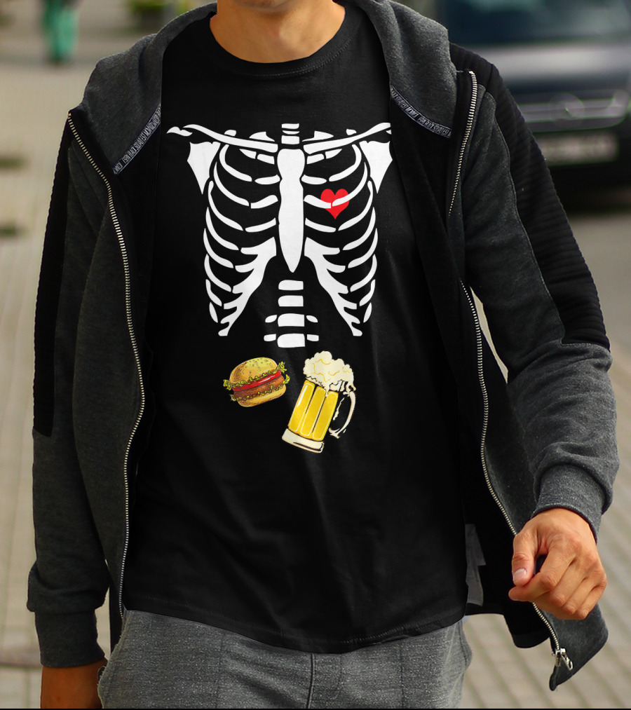Beer Hamburger Skeleton Ribcage Heart T-Shirt