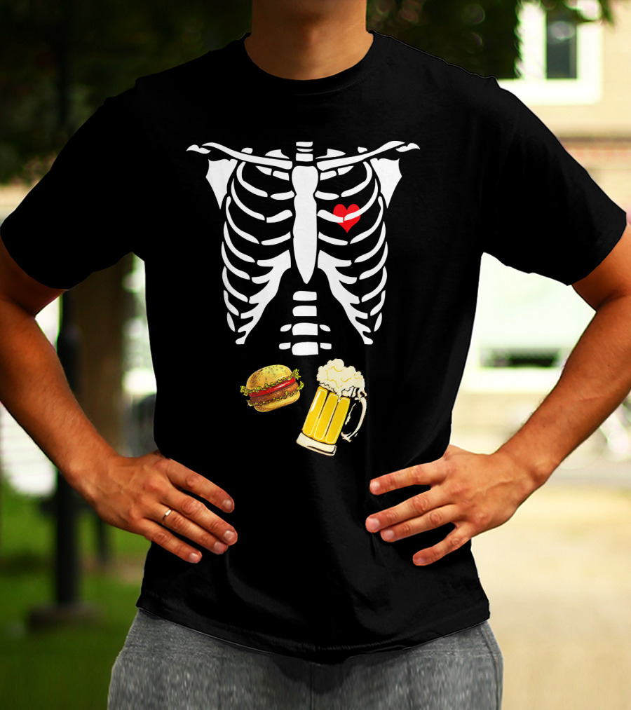Beer Hamburger Skeleton Ribcage Heart T-Shirt