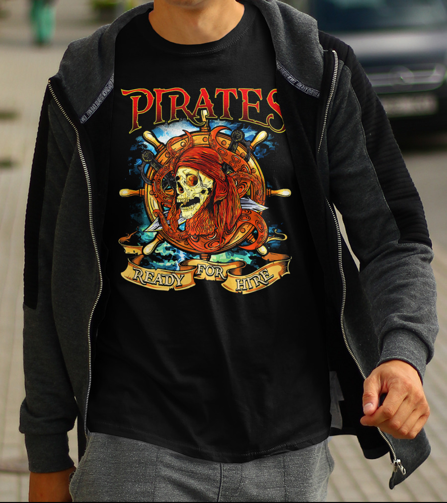 Pirates Ready For Hire Skull With Red Bandana Steering Wheel T-Shirt