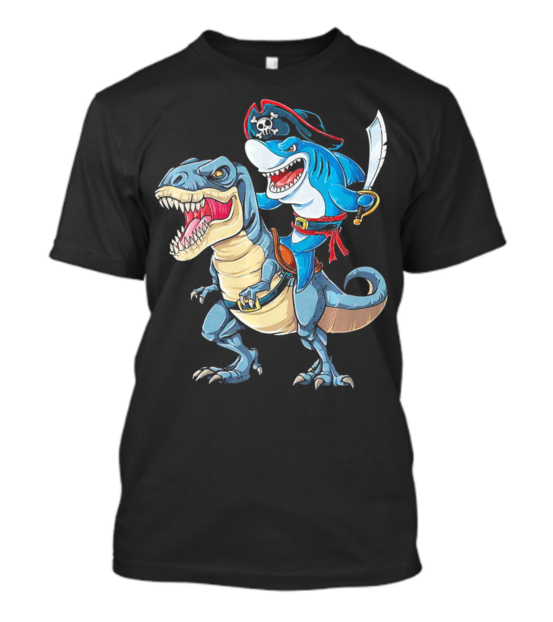 Pirate Shark Wielding Sword Riding Rex Dinosaur T-Shirt