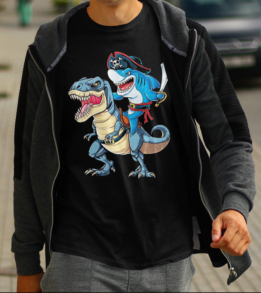 Pirate Shark Wielding Sword Riding Rex Dinosaur T-Shirt