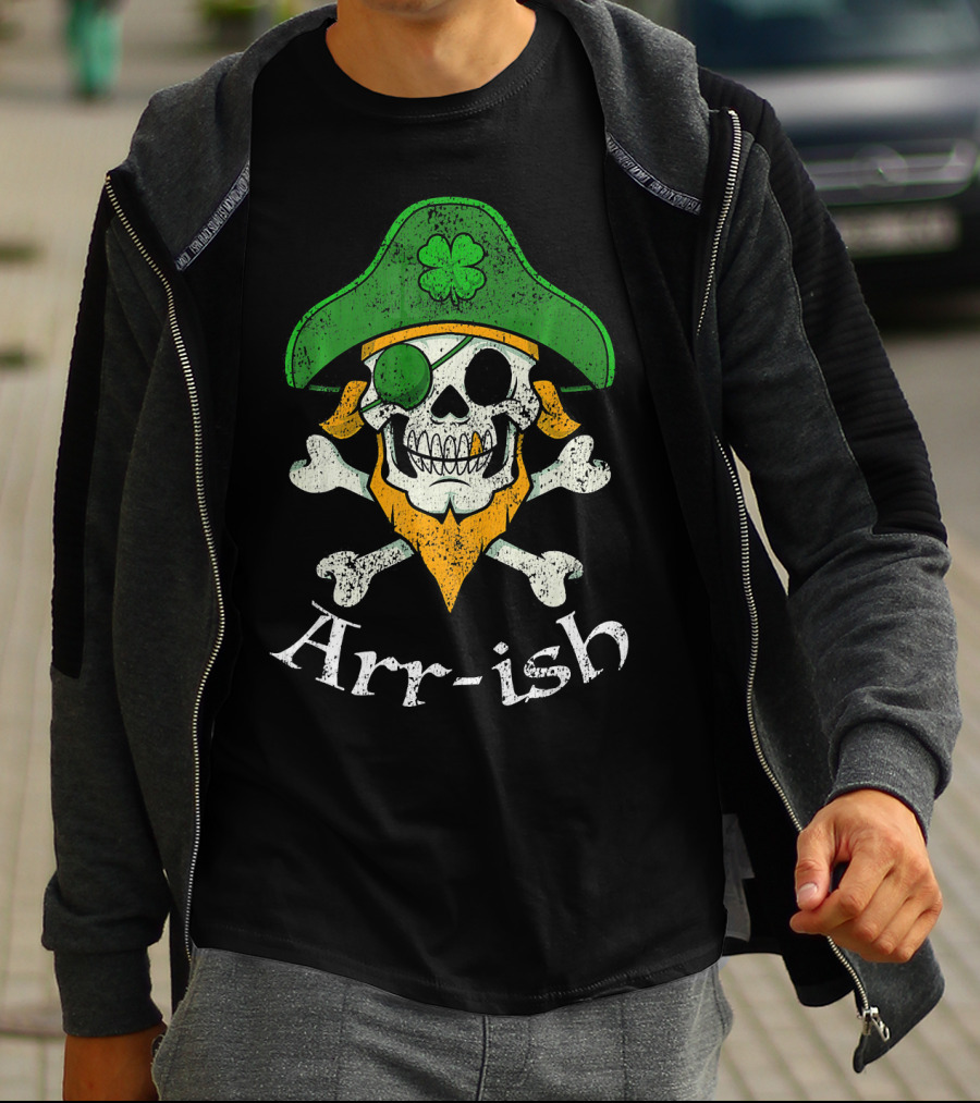Arr-ish Funny Irish Skull Clover Pirate Beard T-Shirt