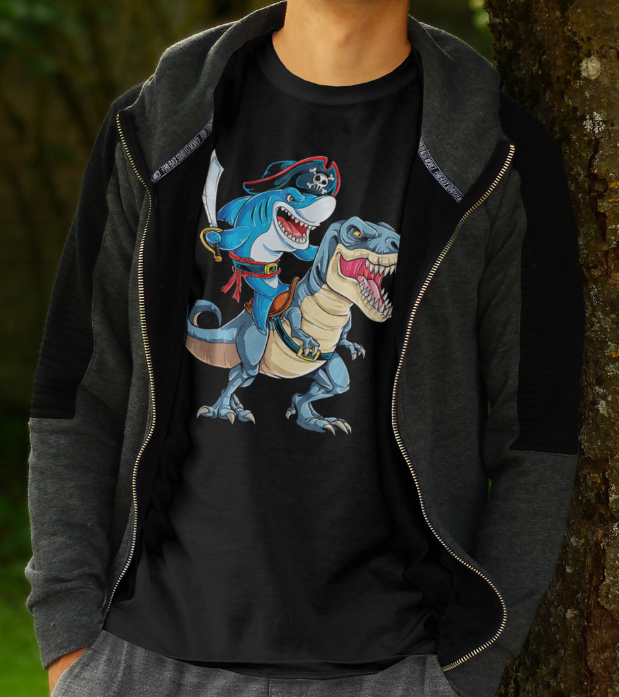 Pirate Shark Riding A Dinosaur T-Rex Jaws T-Shirt