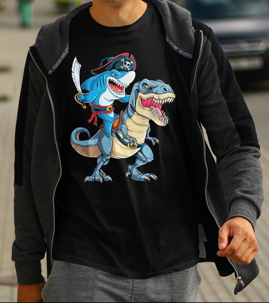 Pirate Shark Riding A Dinosaur T-Rex Jaws T-Shirt
