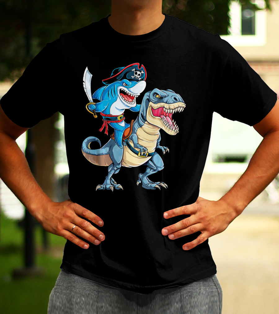 Pirate Shark Riding A Dinosaur T-Rex Jaws T-Shirt
