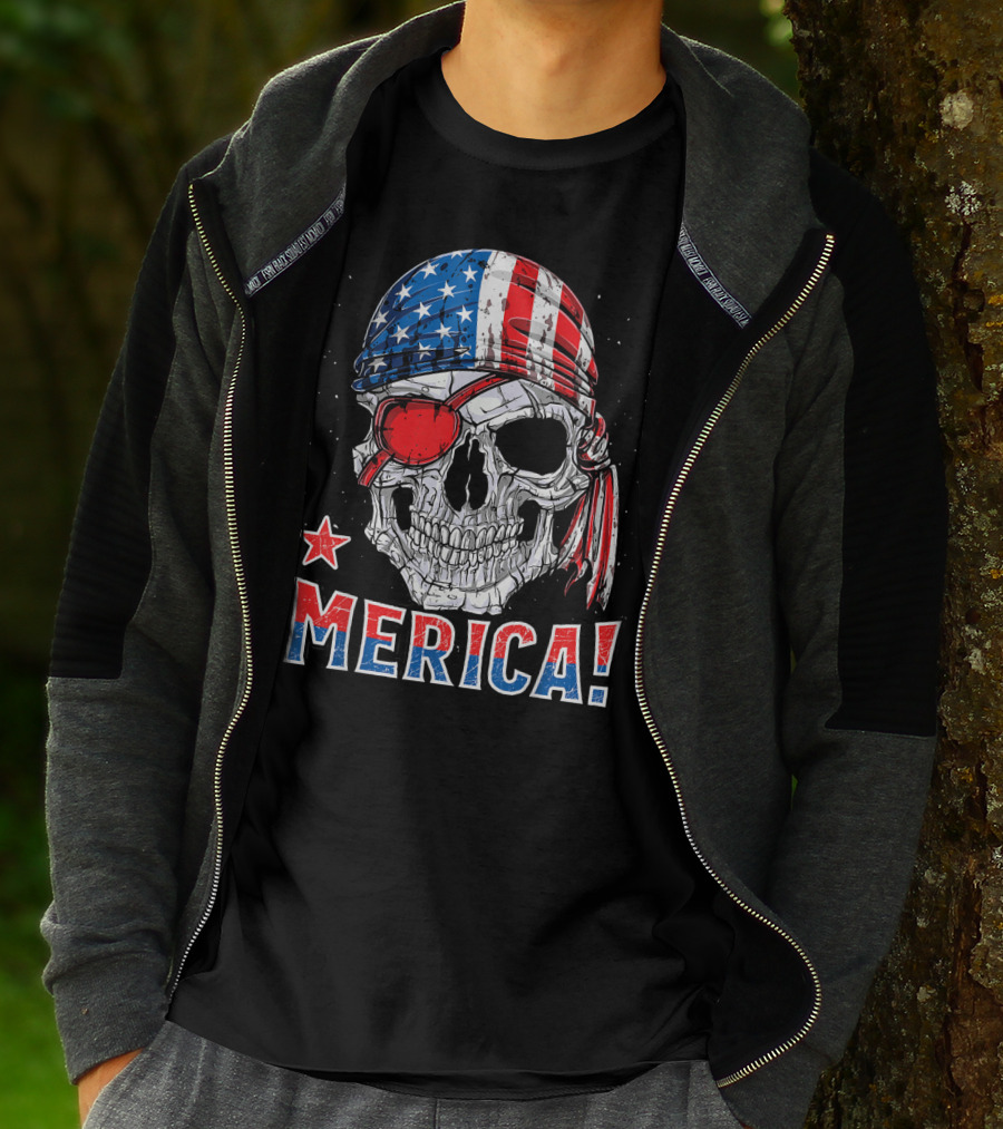Merica Pirate Skull With American Flag Bandana And Red Eyepatch T-Shirt