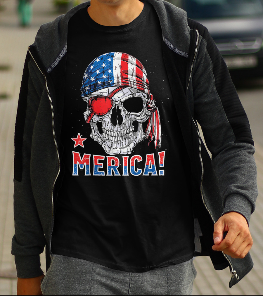Merica Pirate Skull With American Flag Bandana And Red Eyepatch T-Shirt
