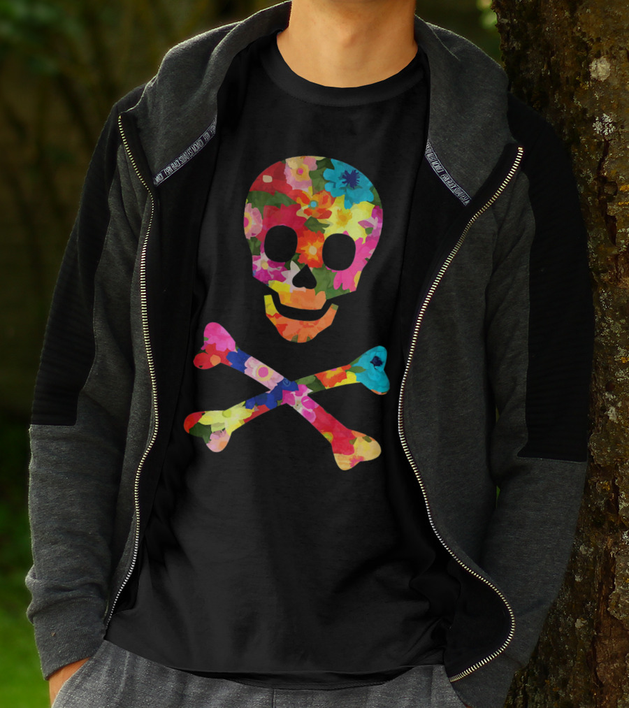 Flower Skull And Crossbones Funky Pirate Multicolor Floral T-Shirt