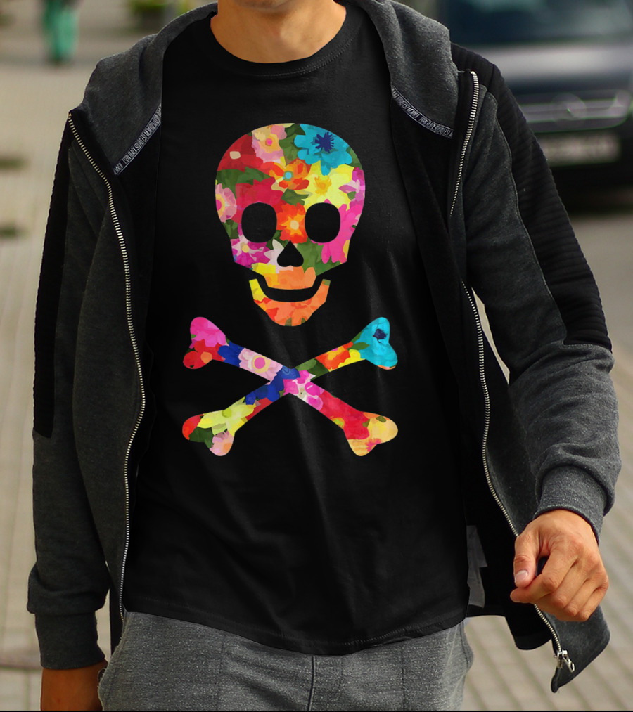 Flower Skull And Crossbones Funky Pirate Multicolor Floral T-Shirt