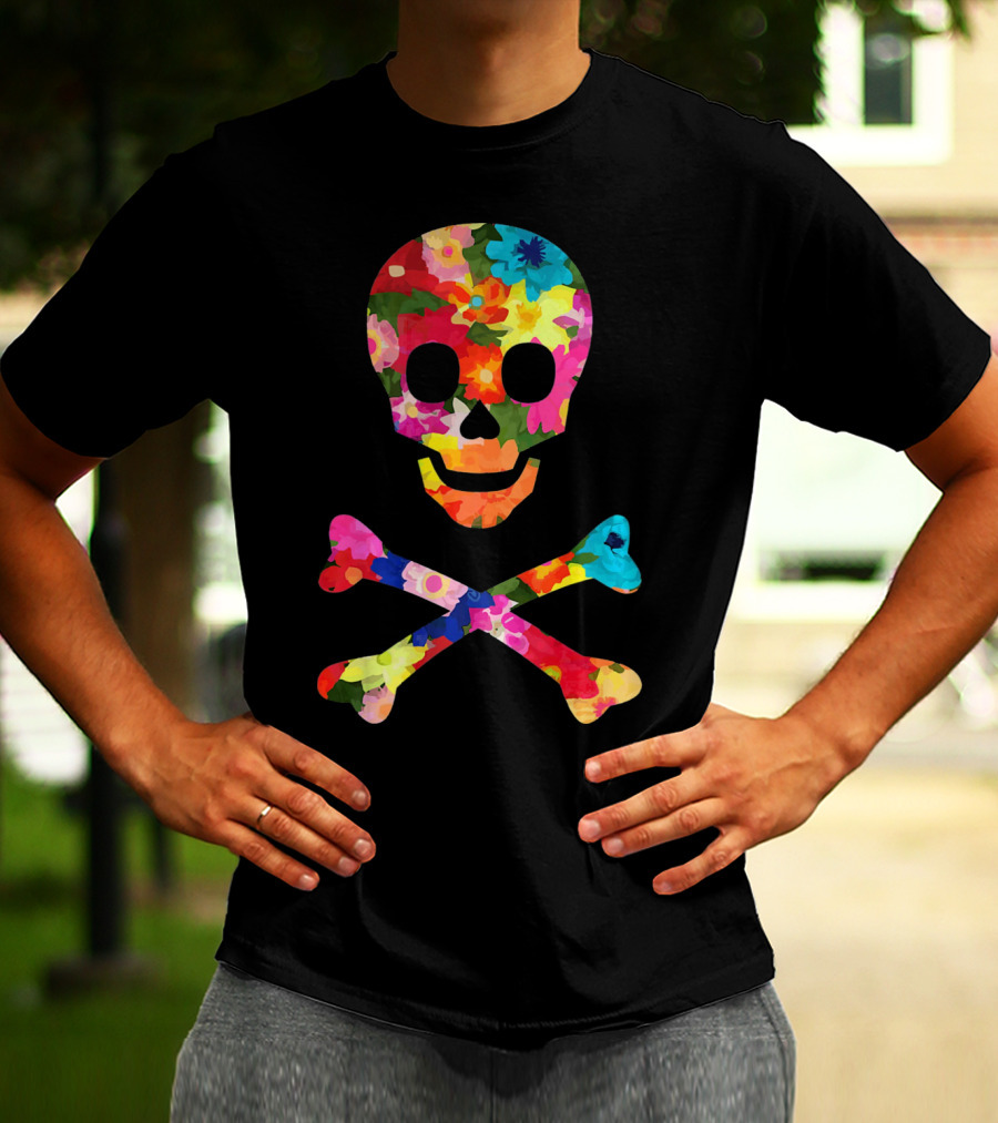 Flower Skull And Crossbones Funky Pirate Multicolor Floral T-Shirt