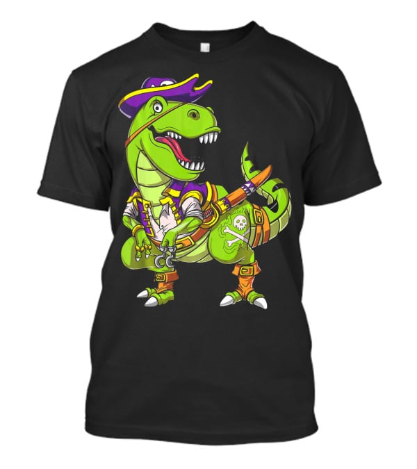 T Rex Dinosaur Pirate Captain With Hat And Hook In Green And Purple T-Shirt