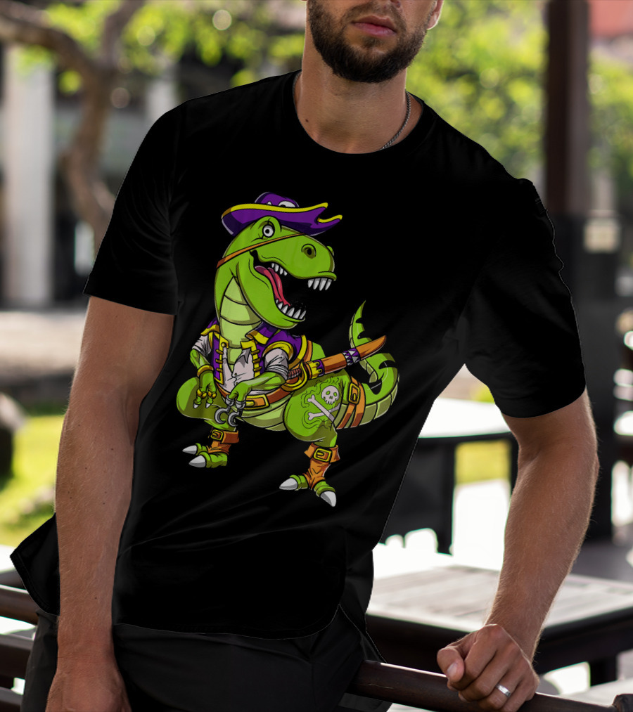 T Rex Dinosaur Pirate Captain With Hat And Hook In Green And Purple T-Shirt
