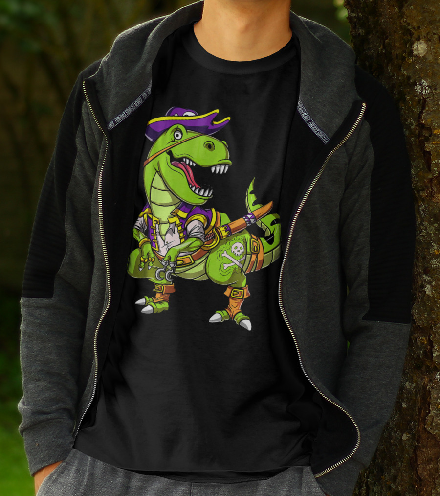 T Rex Dinosaur Pirate Captain With Hat And Hook In Green And Purple T-Shirt