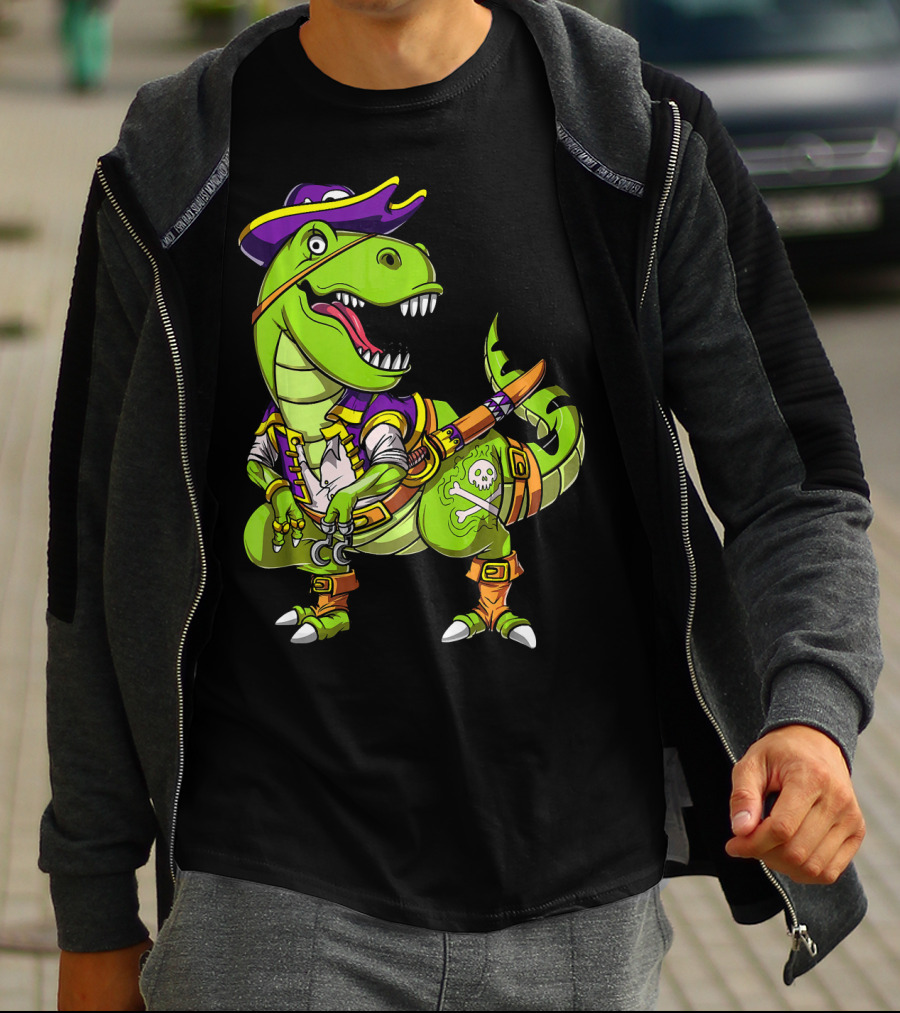T Rex Dinosaur Pirate Captain With Hat And Hook In Green And Purple T-Shirt