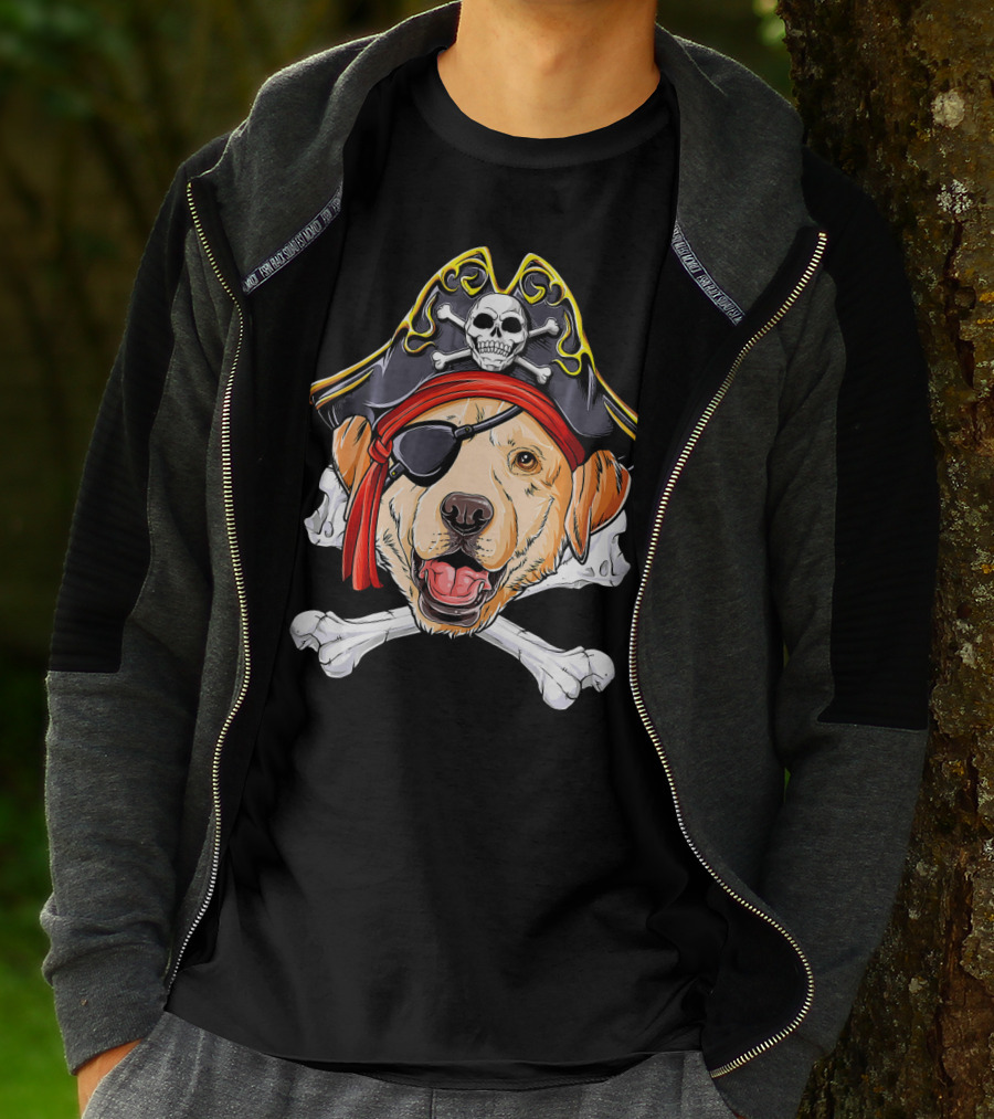 Labrador With Pirate Skull Hat And Crossbones T-Shirt