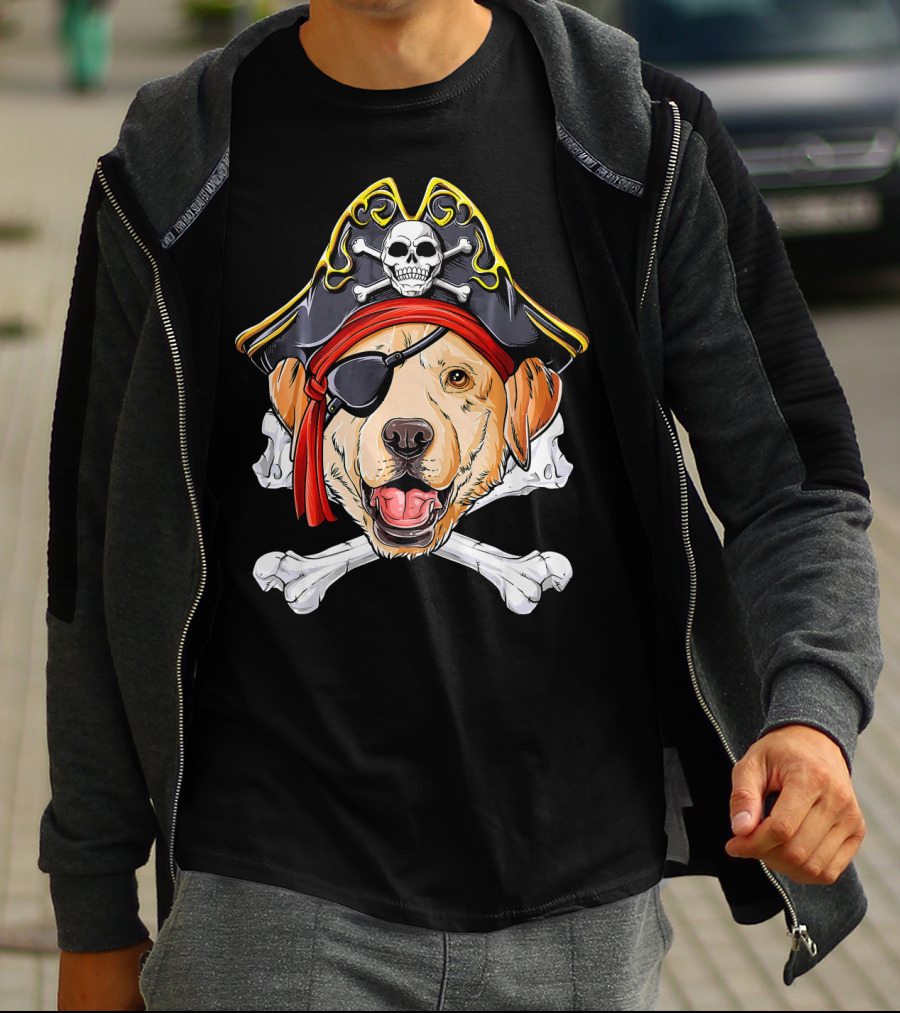 Labrador With Pirate Skull Hat And Crossbones T-Shirt
