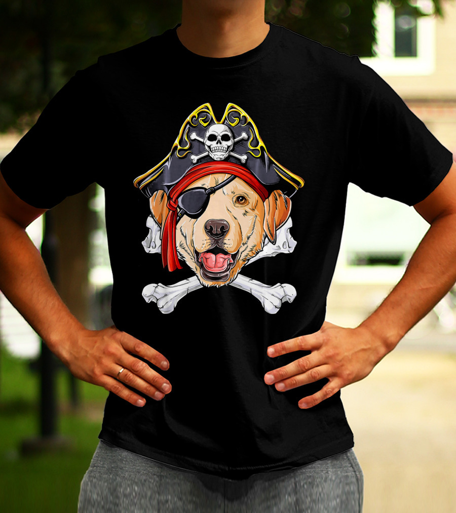 Labrador With Pirate Skull Hat And Crossbones T-Shirt