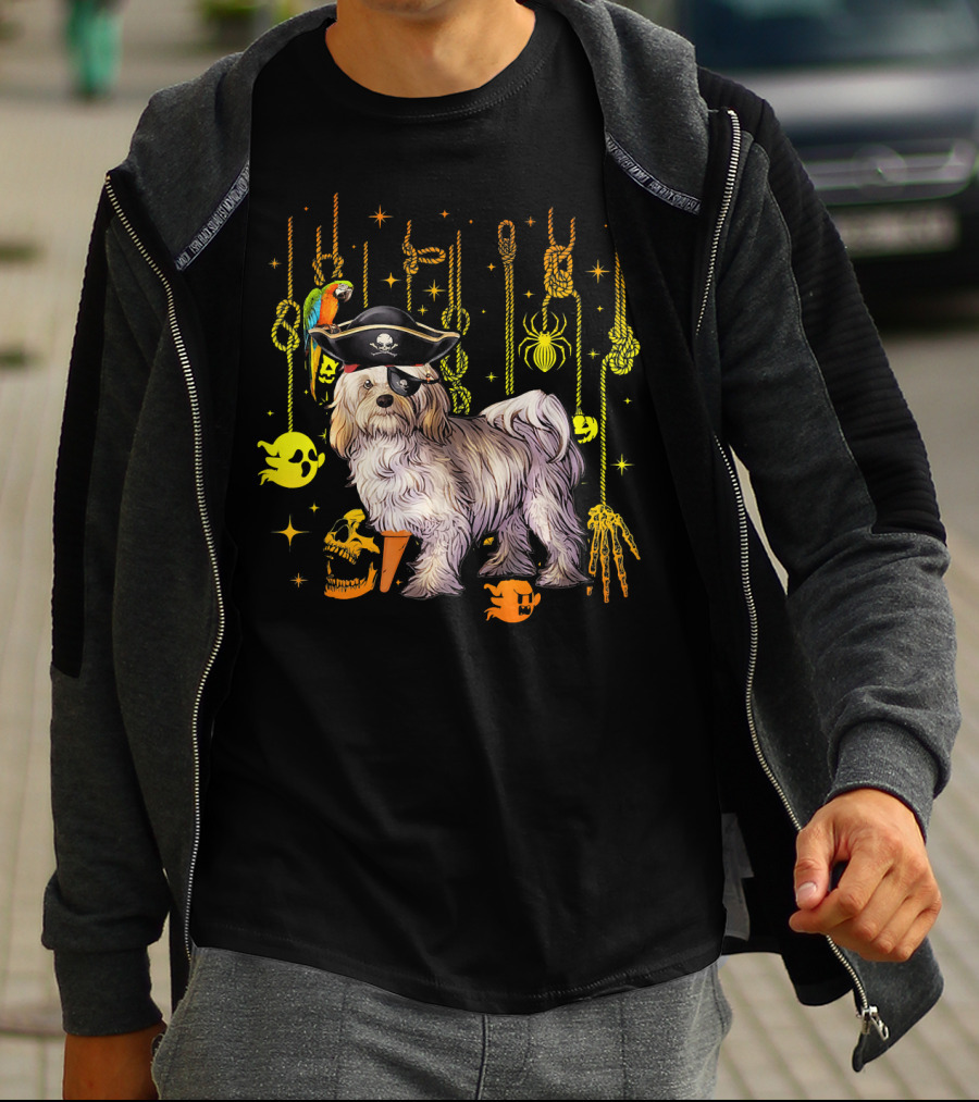 Havanese Pirate Halloween Dog With Parrot And Skulls T-Shirt