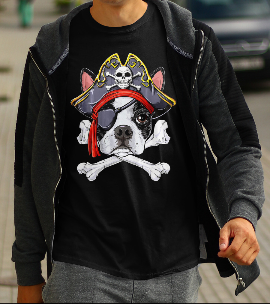 Boston Terrier Pirate Jolly Roger Skull And Crossbones T-Shirt