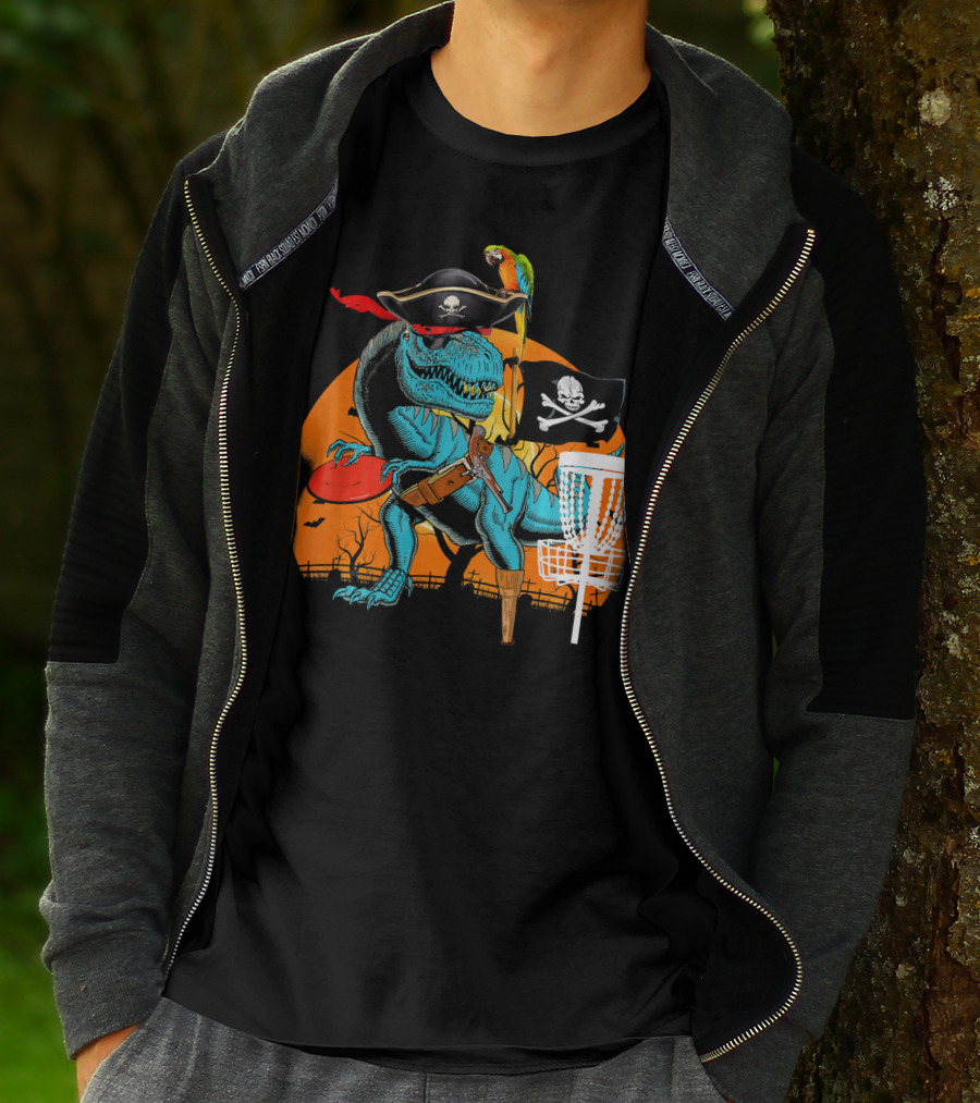 Jolly Roger Pirate Dinosaur Disc Golf Adventure T-Shirt