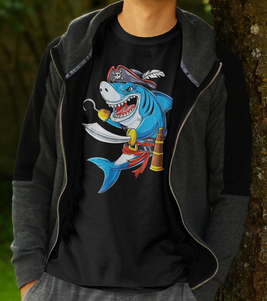 Shark Pirate Costume Jolly Roger Flag With Hook And Sword T-Shirt