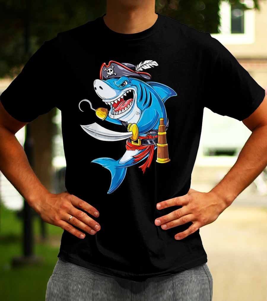 Shark Pirate Costume Jolly Roger Flag With Hook And Sword T-Shirt